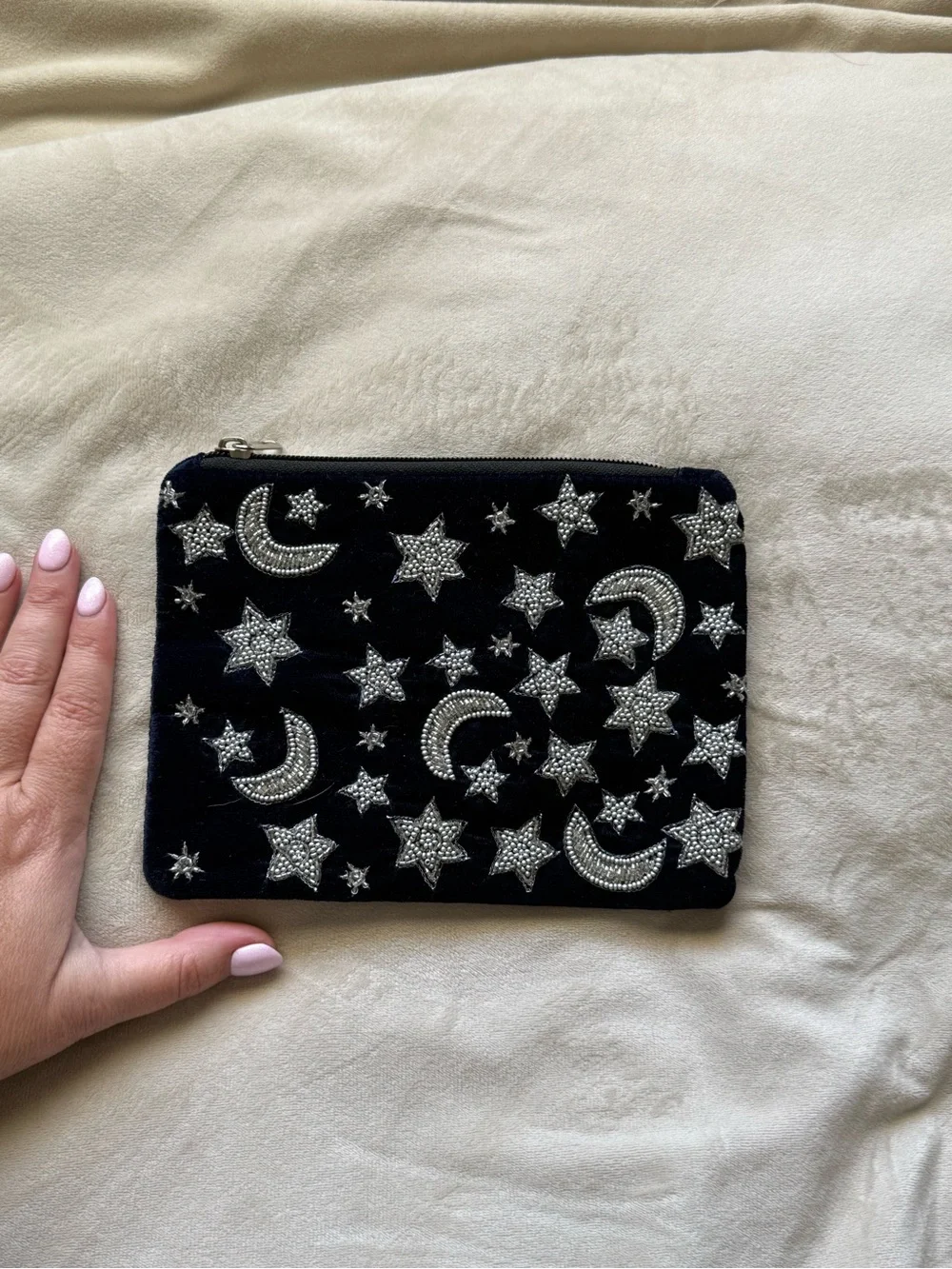 Beaded velvet clutch celestial print